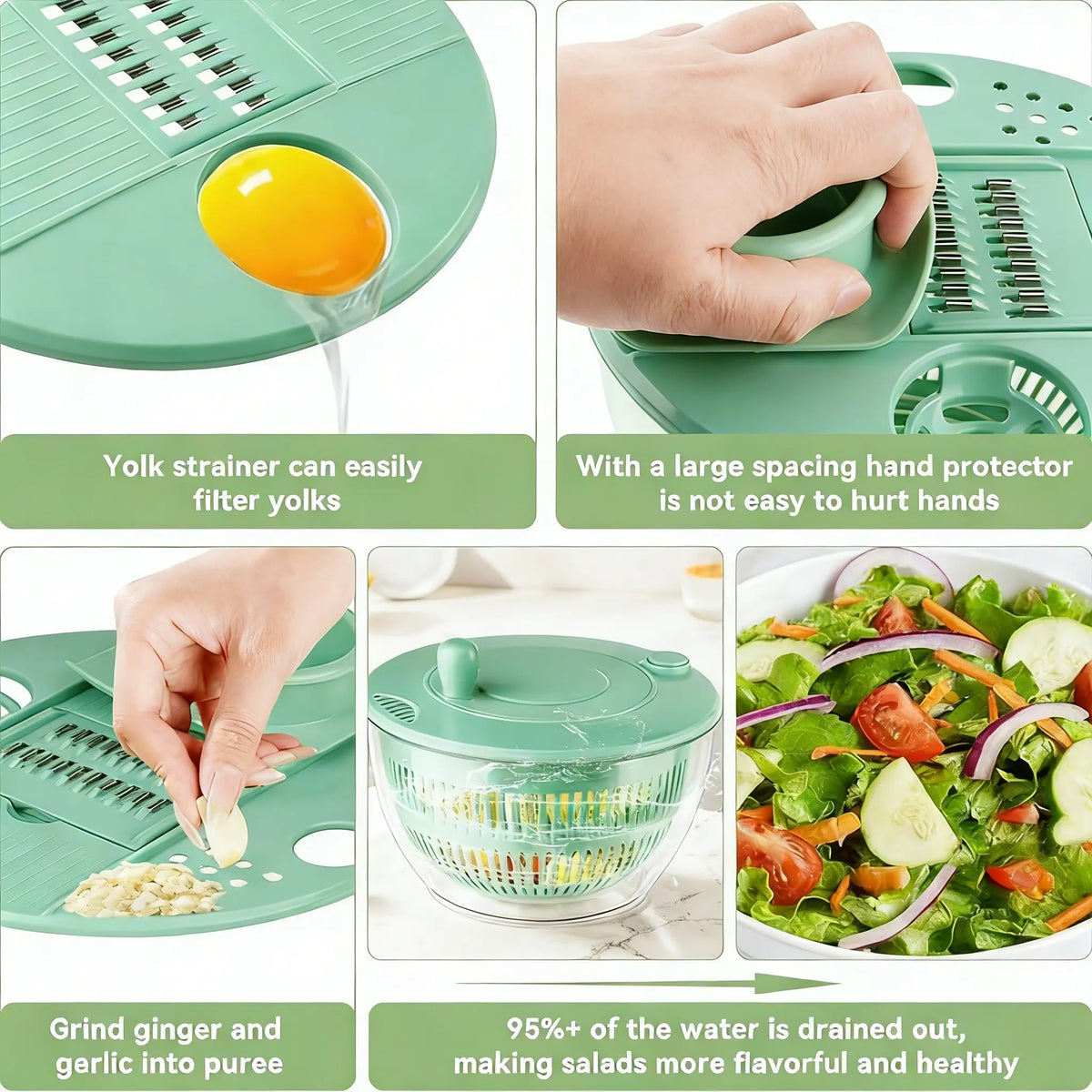 Large Salad Spinner｜3-in-1 Fruit & Vegetable Washing Bowl with Colander｜Lettuce Spinner with 5-Blade Slicer, Egg Separator & Salad Bowl｜5.3 Qt Kitchen Prep Gadget Set #SummerVibes