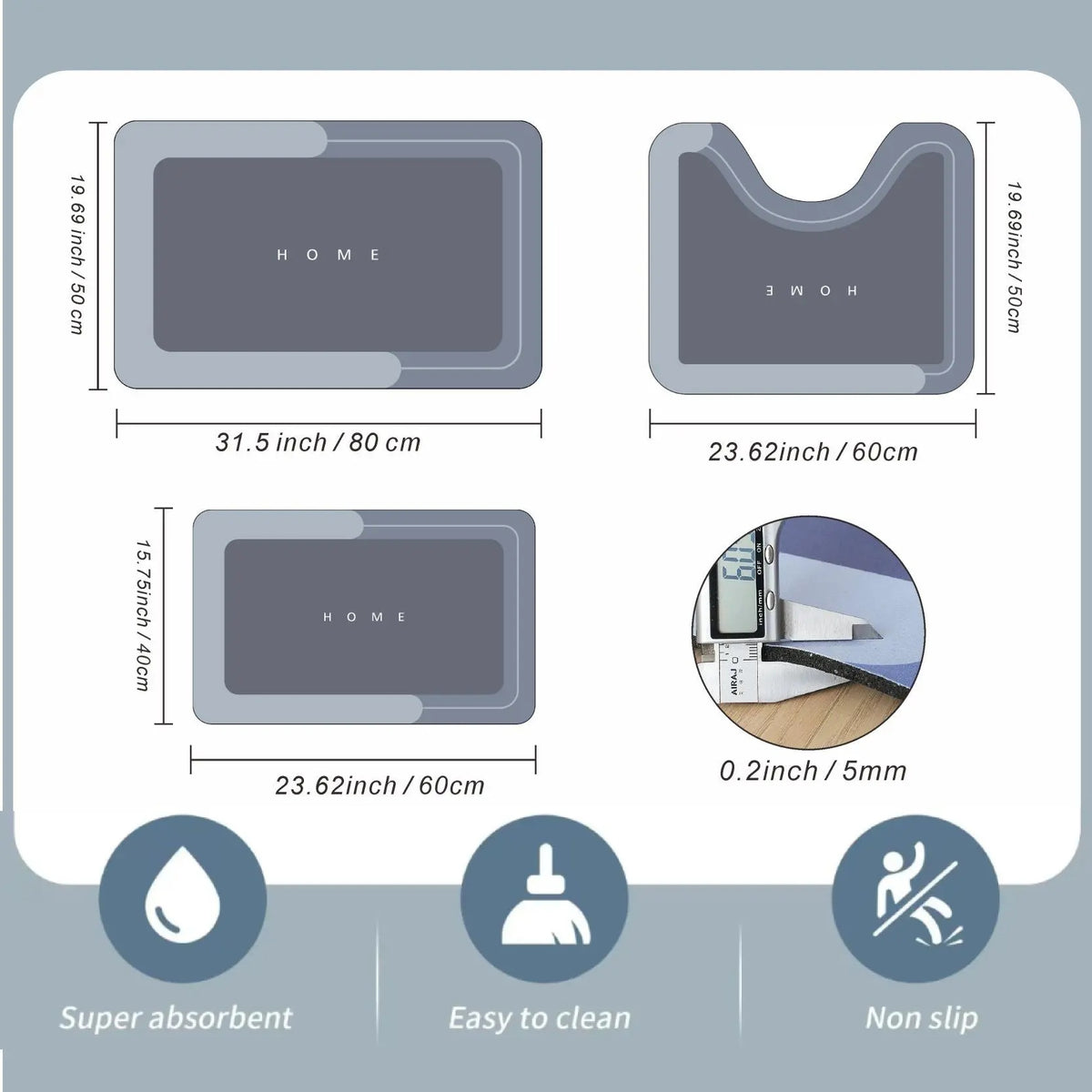 3‑Piece Bathroom Toilet Mat Set, Fast‑Drying Absorbent Floor Rug, Rubber Non‑Slip Backing, Multi‑Purpose Bath Mat for Bathroom, Vanity Sink, Toilet Area, Kitchen, Living Room, Bathtub Side & Laundry Room, Home Bathroom Decor
