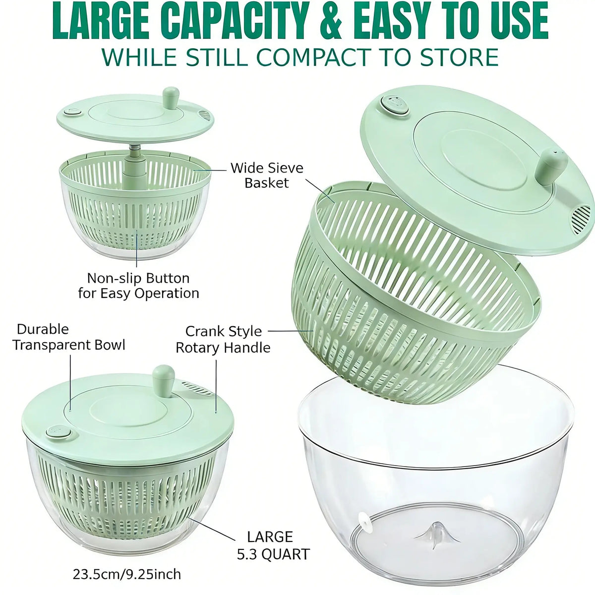 Large Salad Spinner｜3-in-1 Fruit & Vegetable Washing Bowl with Colander｜Lettuce Spinner with 5-Blade Slicer, Egg Separator & Salad Bowl｜5.3 Qt Kitchen Prep Gadget Set #SummerVibes