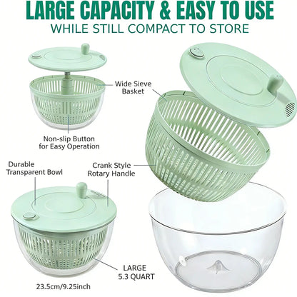 Large Salad Spinner｜3-in-1 Fruit & Vegetable Washing Bowl with Colander｜Lettuce Spinner with 5-Blade Slicer, Egg Separator & Salad Bowl｜5.3 Qt Kitchen Prep Gadget Set #SummerVibes