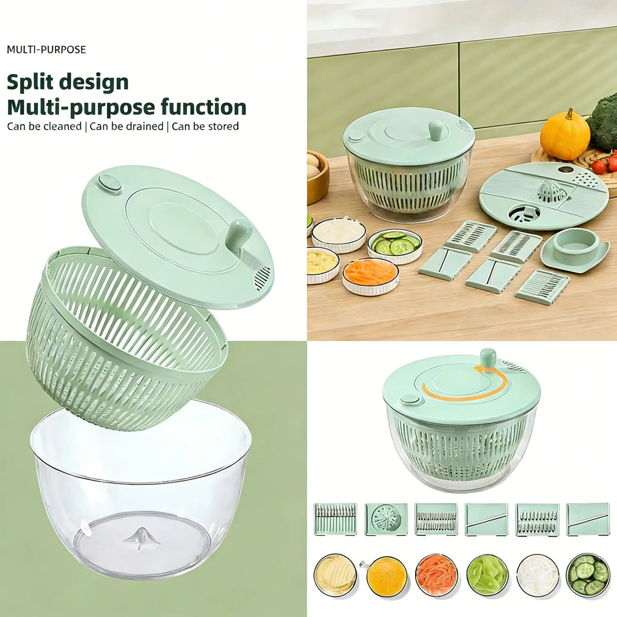 Large Salad Spinner｜3-in-1 Fruit & Vegetable Washing Bowl with Colander｜Lettuce Spinner with 5-Blade Slicer, Egg Separator & Salad Bowl｜5.3 Qt Kitchen Prep Gadget Set #SummerVibes